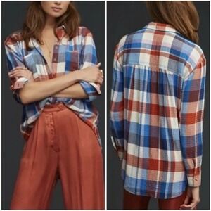 Pilcro Anthropologie Relaxed Oversized Blue Orange Plaid Button Down Shirt Sz L